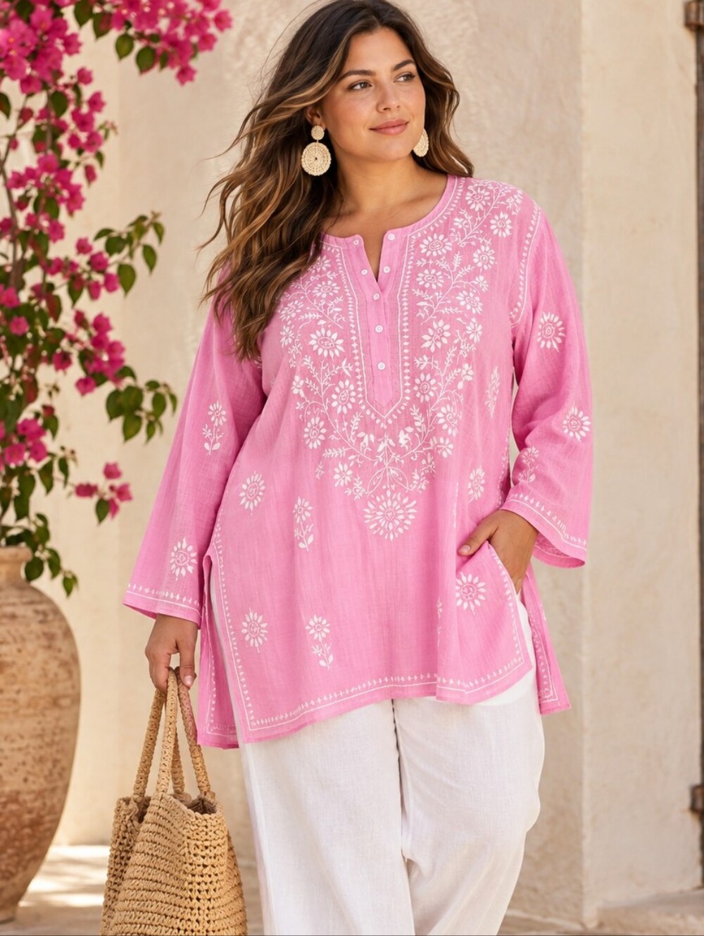 NWT Pink & White Embroidered Kurti Tunic Top Indian India Handcrafted XXL